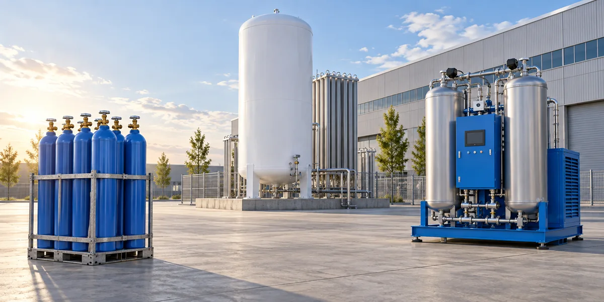 Trzy sposoby zasilania azotem: wiązka butli, zbiornik kriogeniczny i generator