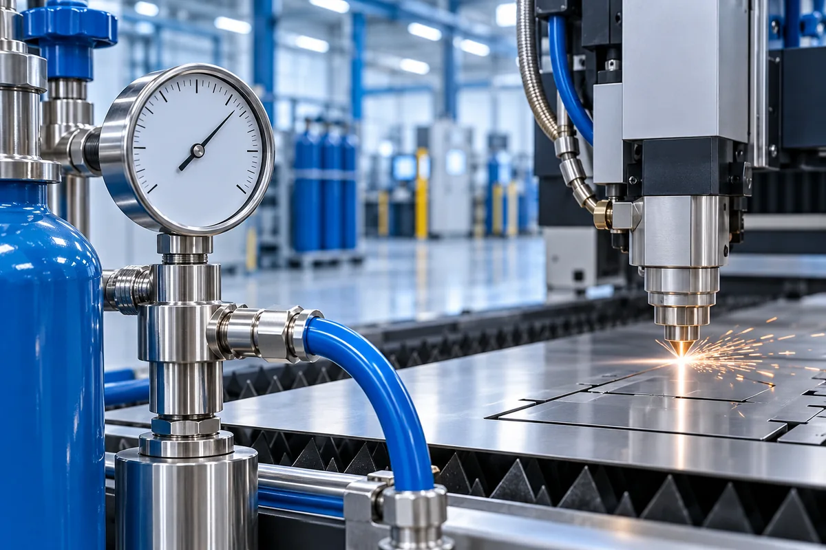 Manometr i przewód gazowy przy laserze tnącym metalową blachę